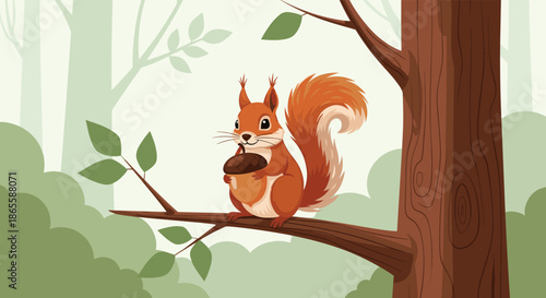 Cute brown squirrel sitting on a mossy tree branch while holding a large ripe acorn in its small paws in a peaceful green forest background setting.