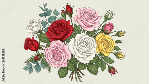 A colorful bouquet of roses and leaves in a beautiful floral arrangement