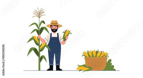 Proud farmer in blue overalls and a straw hat standing next to a tall corn plant while holding a freshly harvested golden corn cob.