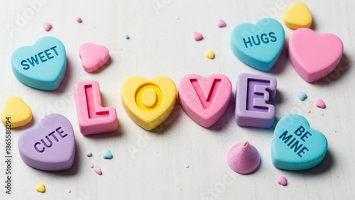 Colorful candy hearts with love messages on a white background