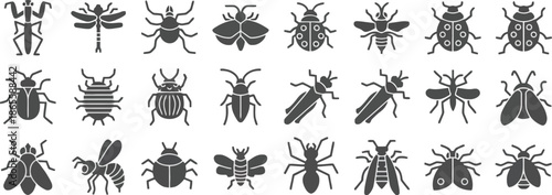 Set of 32 solid black glyph icons representing various insects including beetles, bees, spiders, and ants in a clean flat style.
