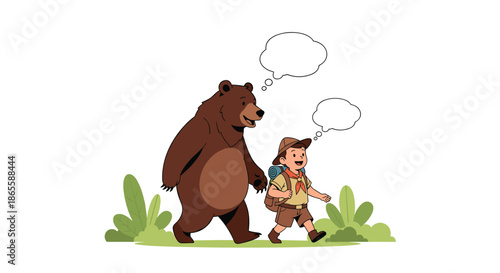 Small scout boy and a large friendly brown bear walking together through a green field with white thought bubbles above them.