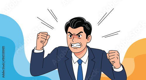 Aggressive businessman in a navy suit clenching his fists and shouting with an extremely angry facial expression during a conflict.