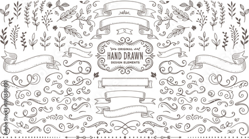 Vintage hand-drawn design elements collection featuring ornate floral swirls, decorative ribbons, banners, and leaf branches.