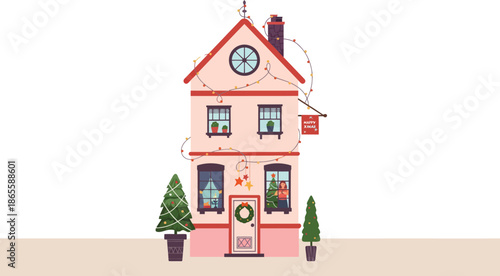 Festive three-story house illustration decorated with Christmas lights, wreaths, and holiday trees for a cozy winter scene.