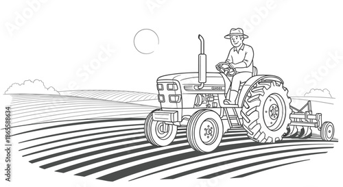 Detailed line drawing of a smiling farmer driving a large modern tractor through a plowed agricultural field under a bright sun.