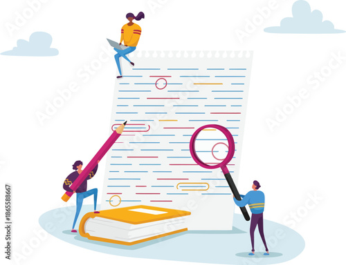 Tiny People Proofreading and Editing a Large Document with Magnifying Glass and Pencil Illustration