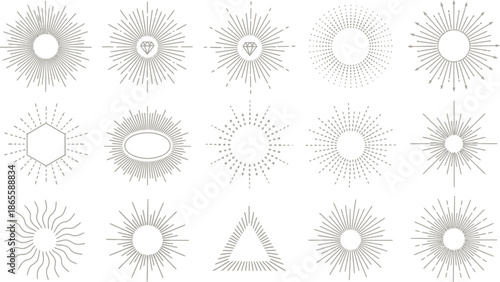 Collection of 15 vintage sunburst and starburst vector elements with rays, diamonds, and geometric line art symbols.