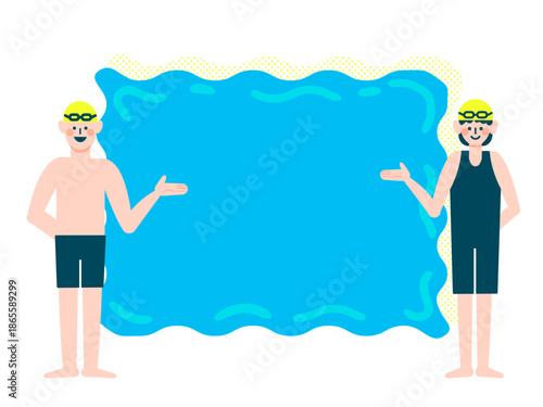 スイミングスクールの男女インストラクターとプールのフレームイラスト素材