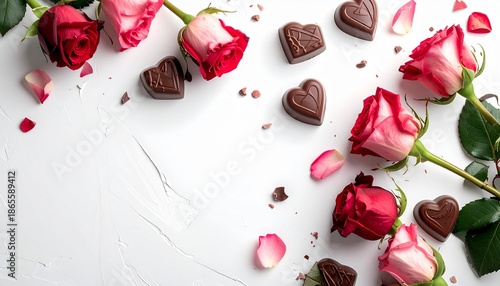 白背景で映えるチョコとバラのバレンタイン素材