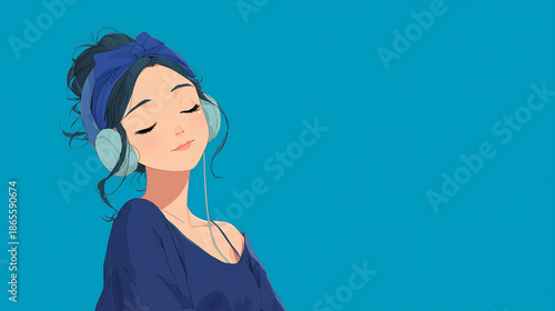 ヘッドフォンで音楽を聞く女性をYouTube動画サムネイル用にアニメスタイルで描いたAI生成画
