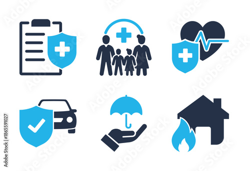 Health and Property Insurance icon set. Solid glyph series icons