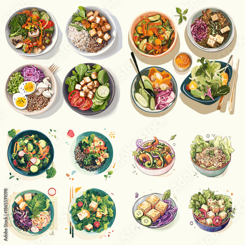Colorful illustrated food set with hearty meals salads grains and vegetables served in round bowls perfect for menu design and healthy eating visuals
