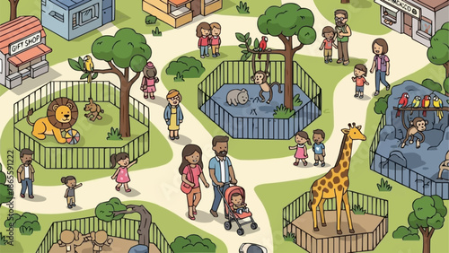 Cartoon zoo scene with families observing animals in enclosures.
