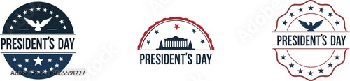 Three different President's Day logo designs featuring patriotic elements like eagles, stars, and government buildings.