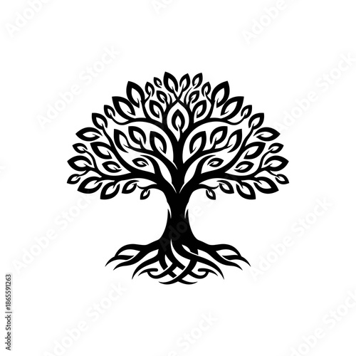 Stylized black tree with intricate roots and leaves on white background.