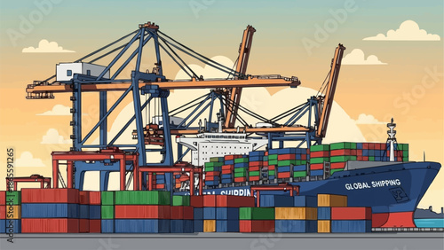 Large cargo ship being loaded with containers by cranes at a busy port.