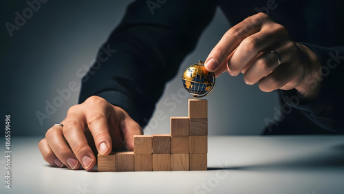 Hand placing small golden globe on of wooden block staircase wooden blocks
