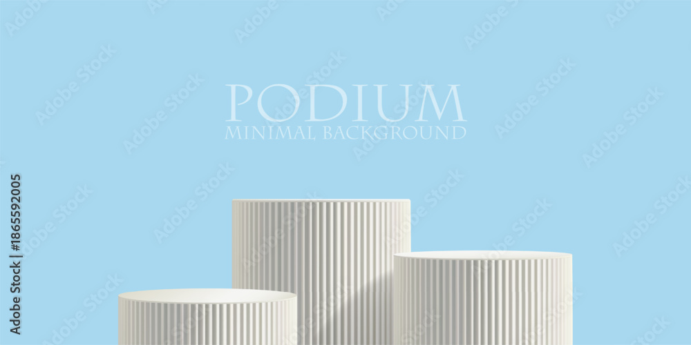 Obraz premium Blue bg 3d poduim, product display platform. Light minimal abstract stage, cylinder stair winner pedestal. White marble pillar scene, pastel room wall. Geometric mockup, empty render of award backdrop