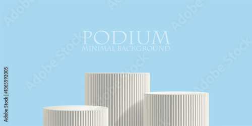 Blue bg 3d poduim, product display platform. Light minimal abstract stage, cylinder stair winner pedestal. White marble pillar scene, pastel room wall. Geometric mockup, empty render of award backdrop
