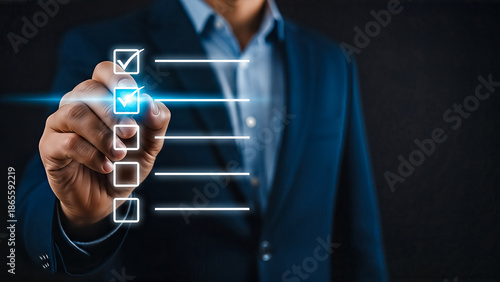 Man in blue suit checking off on a glowing digital checklist to do list task management