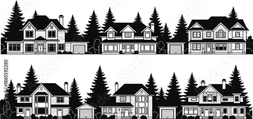 Suburban house drawing, evergreen tree backdrop, gabled roof homes, black and white sketch, residential architecture, vector illustration, real estate concept