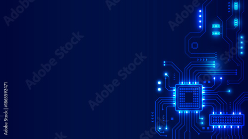 Futuristic blue technology background with glowing digital circuit board lines and microchips