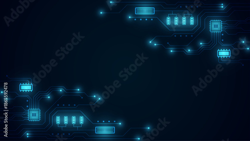 Futuristic blue technology background with glowing digital circuit board lines and microchips