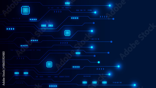 Futuristic blue technology background with glowing digital circuit board lines and microchips