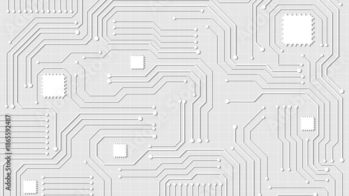 Abstract white technology background with embossed circuit board lines and geometric microchips