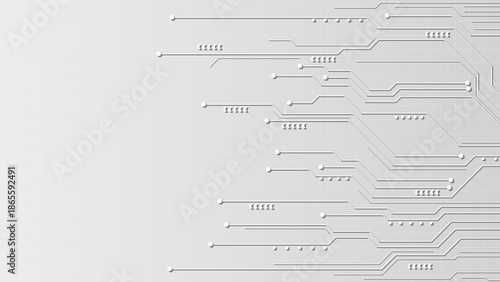 Abstract white technology background with embossed circuit board lines and geometric microchips