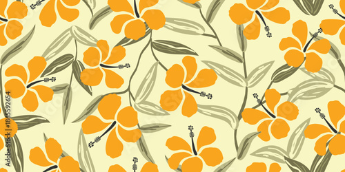 Beautiful tropical floral pattern fashion, creating a gentle, vintage, soft look. Sweet hibiscus flower design for summer wear, shirts, sun hats, bags. Seamless hibiscus floral print. yellow color.
