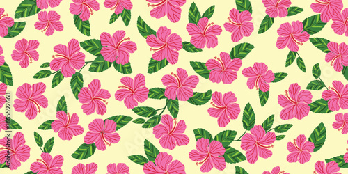 Pink Hibiscus pattern. Tropical botanical Seamless pattern. motif exotic hibiscus design.  Hawaii shirt, summer design. beautiful pink floral sweet, floral patterns. hibiscus flower. Pink fashion
