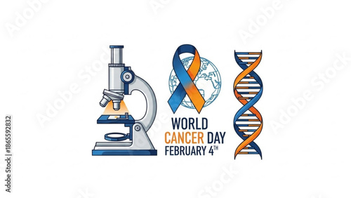 World Cancer Day illustration featuring a microscope awareness ribbon with globe and DNA helix symbolizing research and hope for February 4th