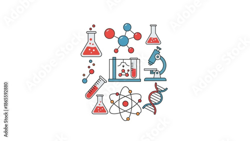 Collection of science and chemistry icons including molecules DNA and lab equipment flat vector illustrations for educational and research concepts