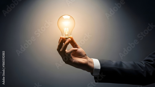 Hand holding a glowing incandescent light bulb against a dark gradient Background