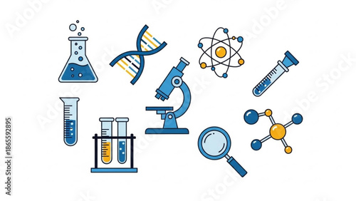 Collection of science and research icons including microscope DNA and test tubes flat vector illustration for educational or medical concepts