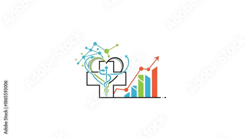 Abstract medical data visualization with heart symbol and growing bar chart representing healthcare analytics and financial growth isolated on white background