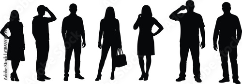 Casual People Silhouettes Set, Diverse Men and Women Standing, Young Adults Posing, Fashionable Outfits, Minimalist Black Vector Group for Urban Design