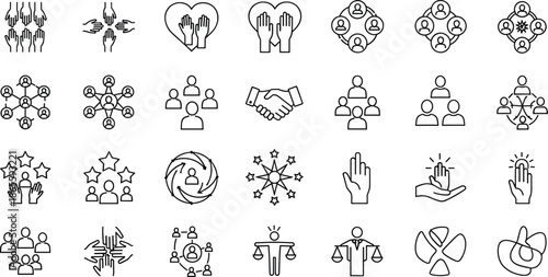 Community and Business Collaboration Icons Set, Teamwork Hands, Social Network Connections, Unity Heart, Professional Partnership, Justice Balance, Human Resource Vector Outline