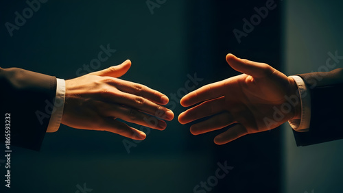 Two men in dark suits extending hands for a handshake against a dark background business