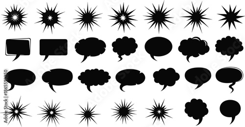 Comic Speech Bubbles and Explosion Spark Silhouettes Set, Black Vector Chat Clouds, Thought Balloons, Pop Art Communication Elements for Design,