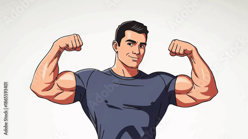 Illustration of Muscular Man Flexing Biceps.
