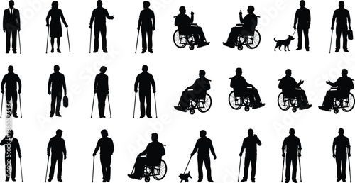 Disabled People Silhouettes Set, Persons in Wheelchairs, Blind with Canes, Men on Crutches, Accessibility Symbols, Inclusion and Diversity Vector Illustration