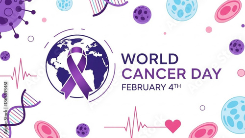 World Cancer Day illustration with purple ribbon on globe DNA strands and medical cells for awareness and support campaigns