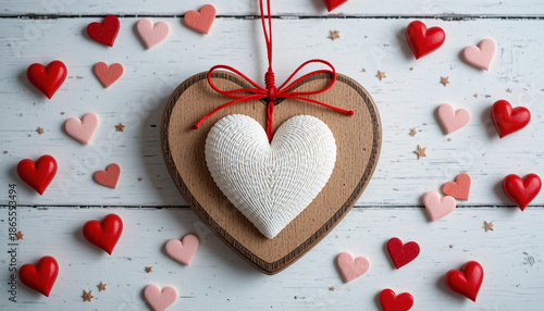 A white heart ornament with a red ribbon on a wooden heart shaped decoration surrounded with love
