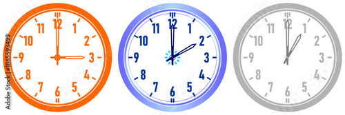 a vector illustration set featuring three variations of a classic analog wall clock with hands indicating different times, nalog Wall Clock Icon Set | Time, Schedule, Deadline, and Business Management