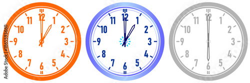 a vector illustration set featuring three variations of a classic analog wall clock with hands indicating different times, nalog Wall Clock Icon Set | Time, Schedule, Deadline, and Business Management