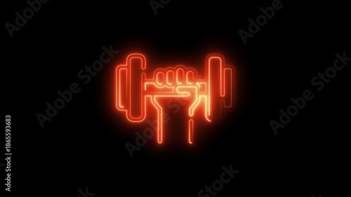 Neon Glowing Red Dumbbell Hand Fitness Symbol Workout Glow Bright Orange Light Weightlifting Concept Black Background