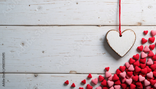 White wooden heart ornament hanging on red string surrounded by small red and pink hearts with love